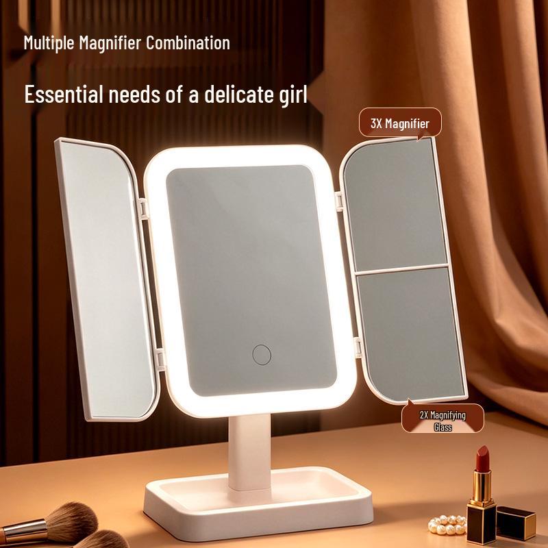 LED-Lit, Double-Sided, Triple-Fold Makeup Mirror with Rotating Desktop Stand and Three-Color Dimming for Girls