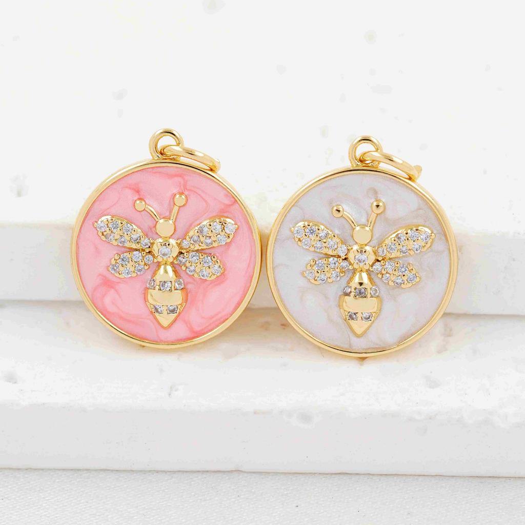 Trendy Gold Plated Bee Charms Pendant Jewelry Copper Inlaid Zircon Round Enamel Insects Necklace Pendant Accessories DIY Jewelry