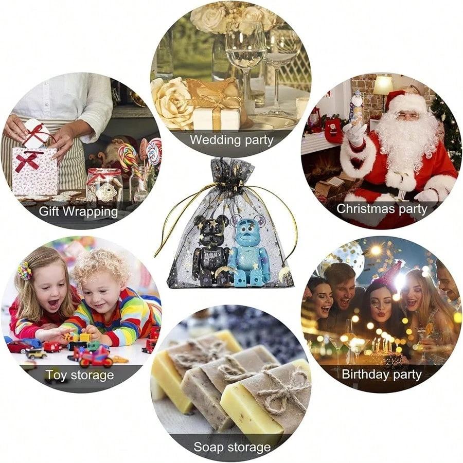 10-60Pcs Moon Stars Drawstring Organza Bags Jewelry Gift Bags Pouches Gold Star Organza Favor Pouches for Valentine's Day Weddin