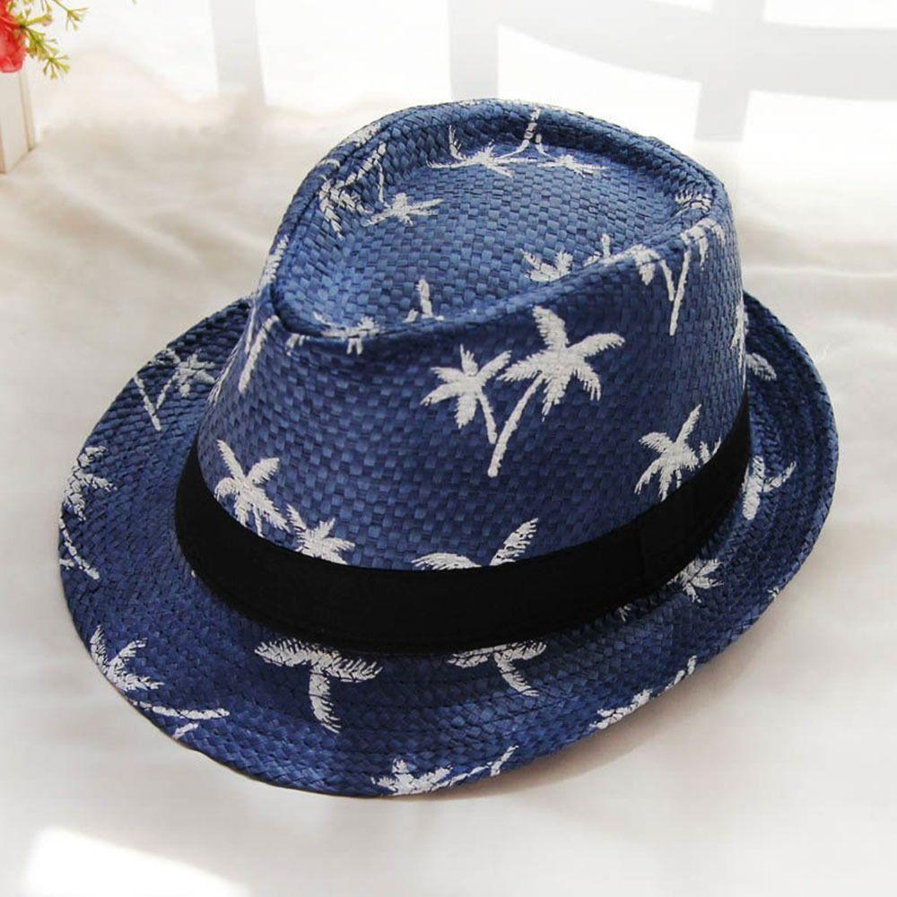 Wide Brim Straw Hat Coconut Trees Pattern Jazz Hat Summer Beach Cap  Children Kids