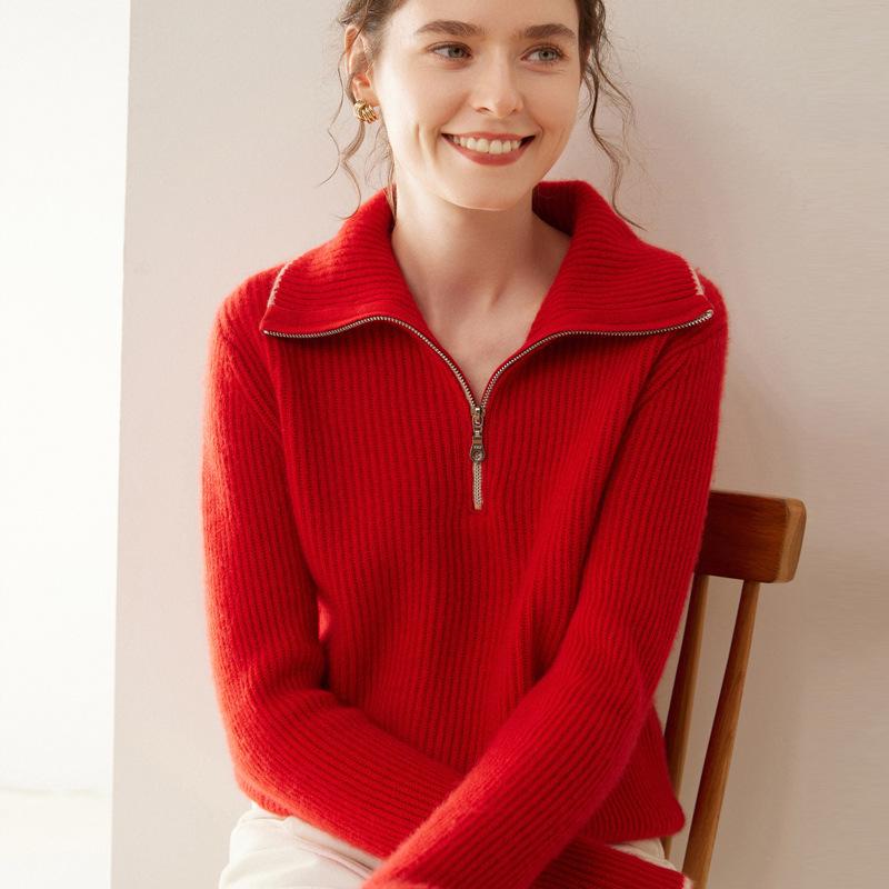 2024 Autumn/Winter Women's High-Neck Cashmere Half-Zip Sweater - Loose Fit, Cozy and Stylish