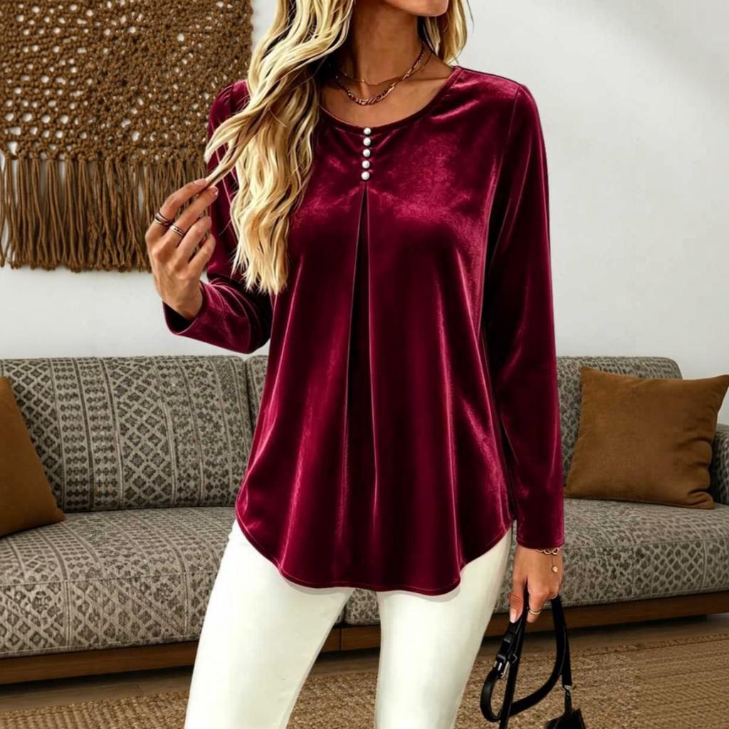 Women's Retro Color Neck Long Sleeve Pullover Top Casual Layering Shirt