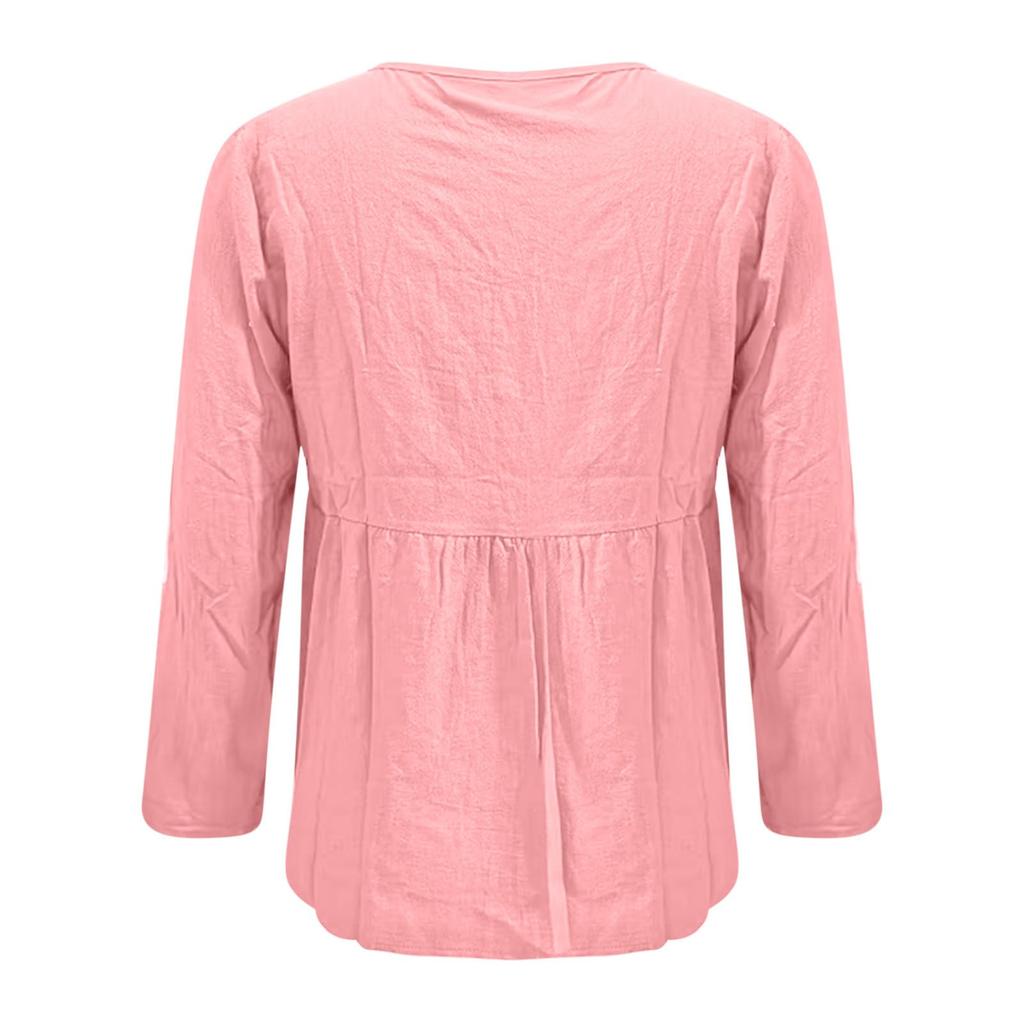 Women's Casual Long Sleeve Button Down Shirt Loose Fit Cotton Linen Blouse with Ruffle Doll Collar and Elastic Waist for Everyday Wear
