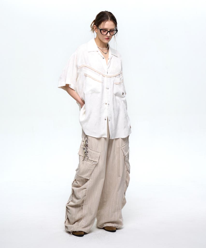 Aleseuseussi Wrinkle Mixed Stripe Cargo Pants - Beige