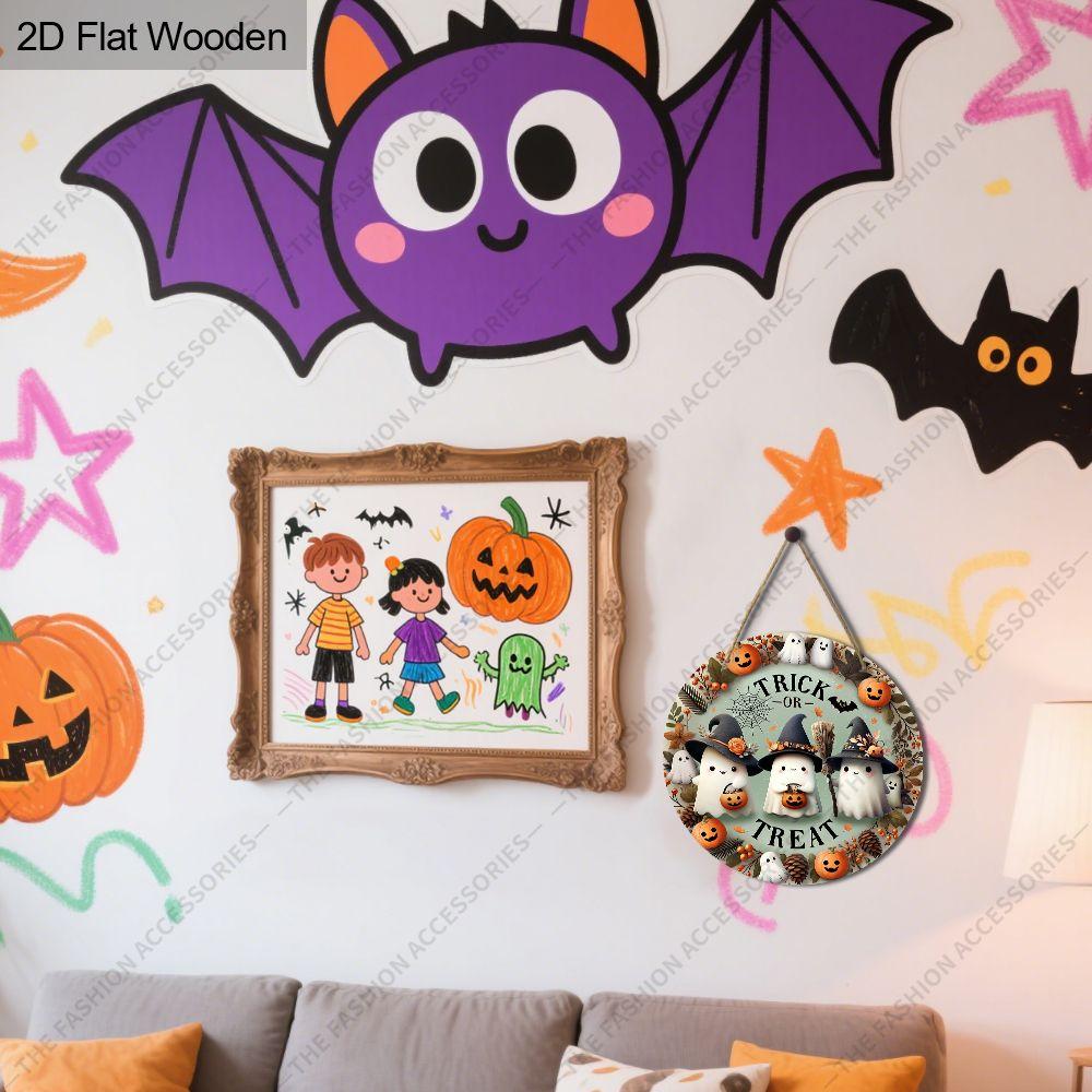 Trick Or Treat Cute Ghost Witch Hat Round Wooden Hanging Sign, 2D Flat Printed Halloween Front Door Decor, Pumpkin Spiderweb Fall Wall Ornament Gift