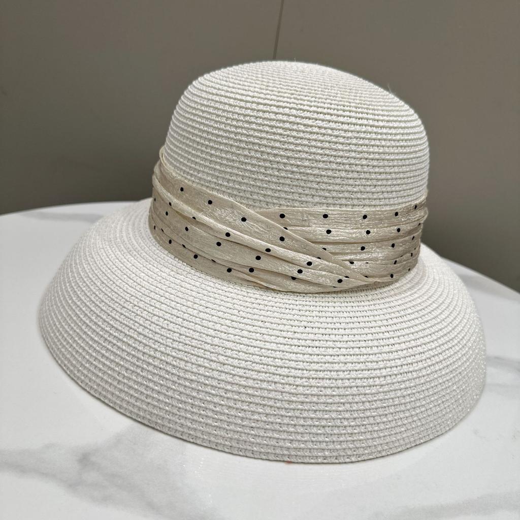 Elegant Polka Dot Ribbon Round Bucket Hat for Women Summer Sun Protection Fashion Outdoor Grass Sun Hat