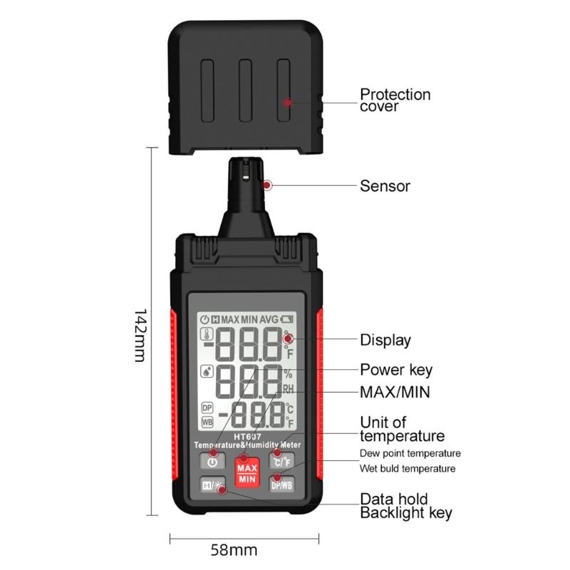 LCD Backlight Temperature Humidity Meter with Dew Point Wet Bulb Data Hold Digital Hygrometer for Indoor Use