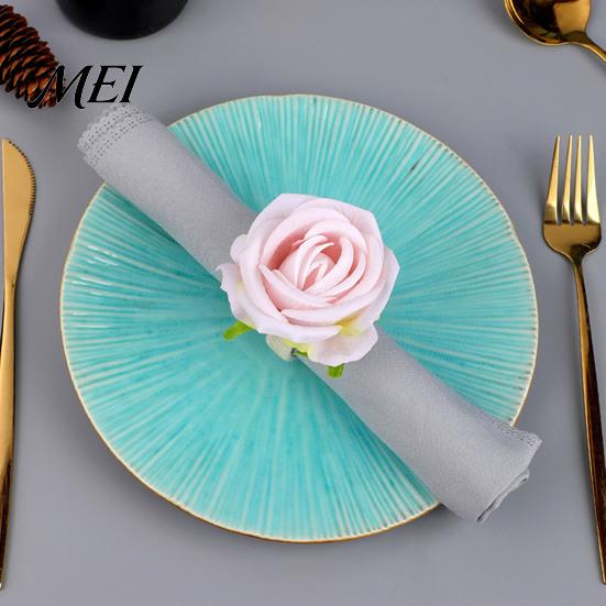 Fresh Style Napkin Holders for Kitchen Artificial Rose Ring, Fabric Pink Flower Holder, Rustic Floral Tableware Accessories Party Decor Ring Farmhouse