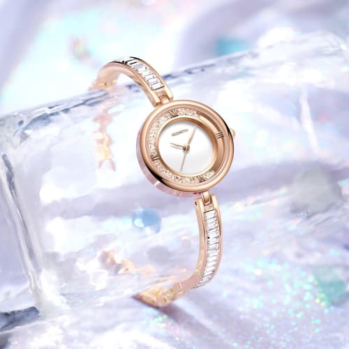 Women's Crystal Bracelet Bangle Watch with Analog Display, Diamonds, Roman Alphabet, and Sparkling Design. Cute, Stylish, and Simple Rose Gold Fashion