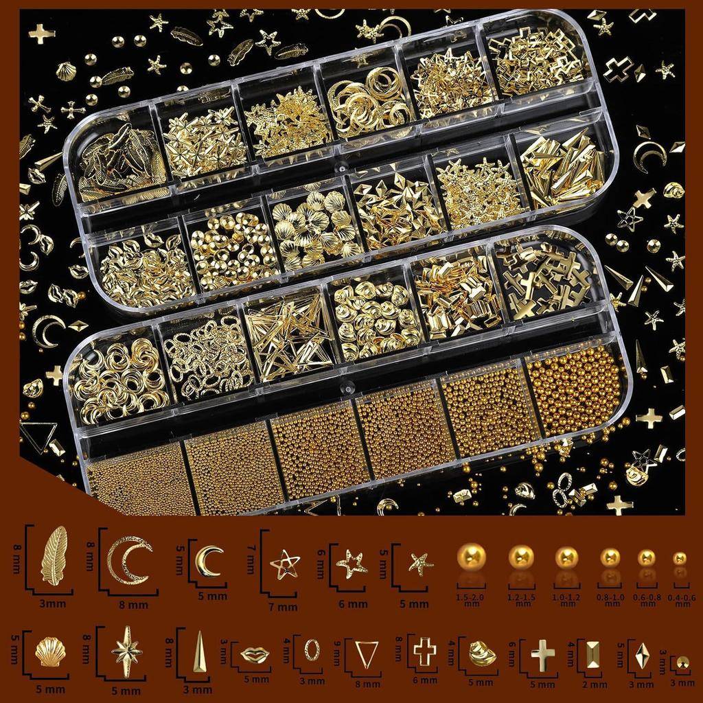 12-Grid Cross Explosion Nail Art Rivets: Butterfly, Streamers, Flowers, Gold & Silver Decorations