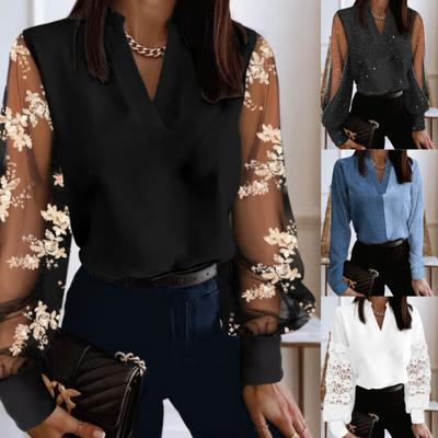 Fashionable V-neck Lace Long-sleeved Shirt For Women
