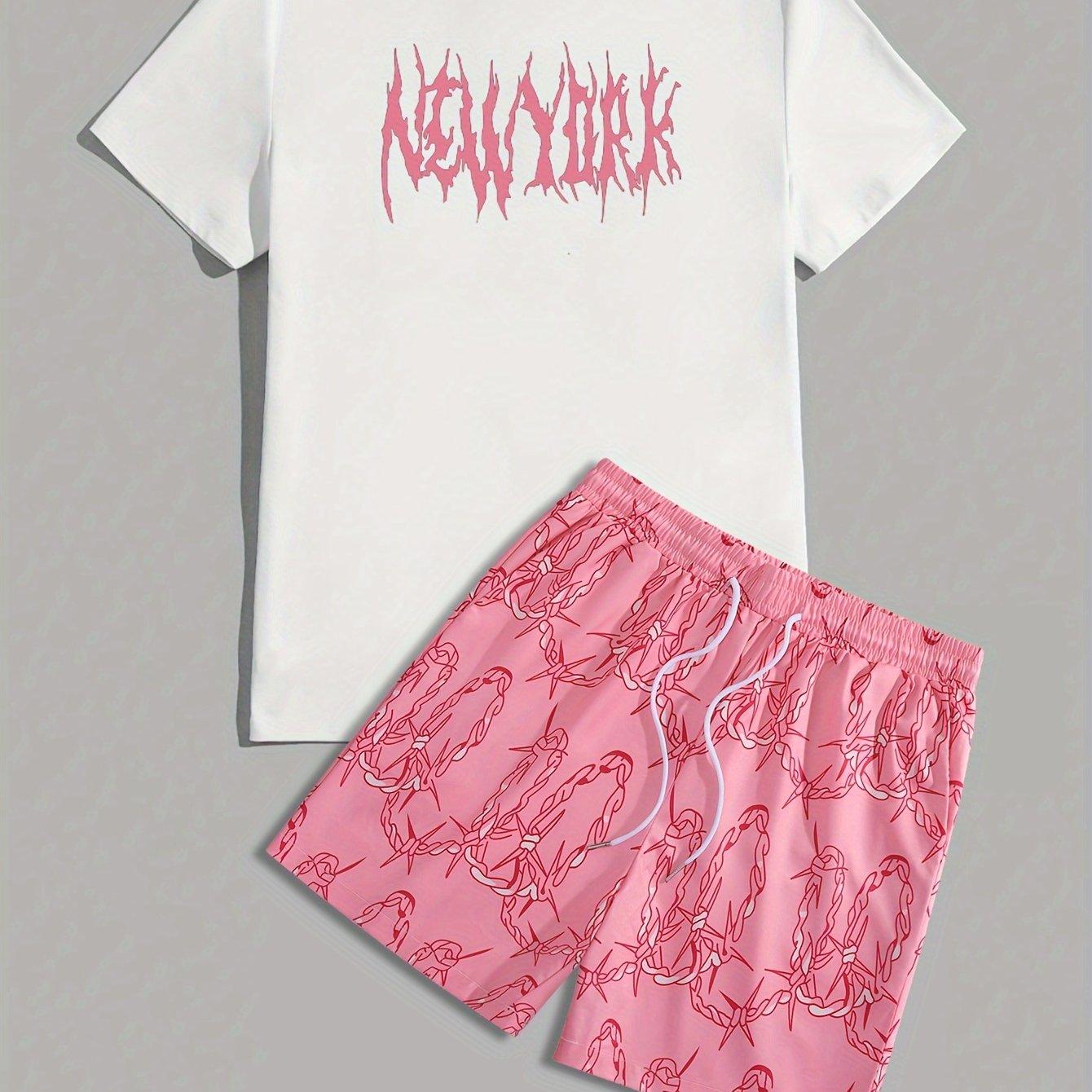 

[2pcs Set Breathable T-Shirt] Men s Casual 2pcs Set: Chain Print T-Shirt & Drawstring Shorts - Breathable Polyester, Summer Fashion XXL