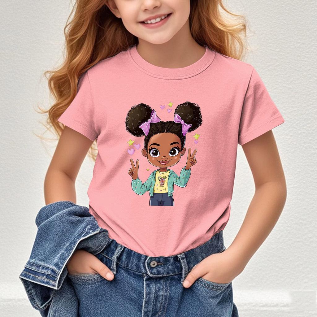 Girls New Cartoon Printed Shortsleeved Tshirt Summer Shortsleeved Tshirt Childrens Round Neck Top  polyester fabric
