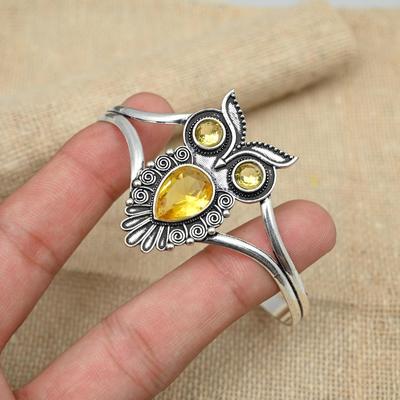 Wunderschöner Citrin-Edelstein-Armreif aus 925er-Sterlingsilber, handgefertigter Eulen-Design, verstellbarer Schmuck