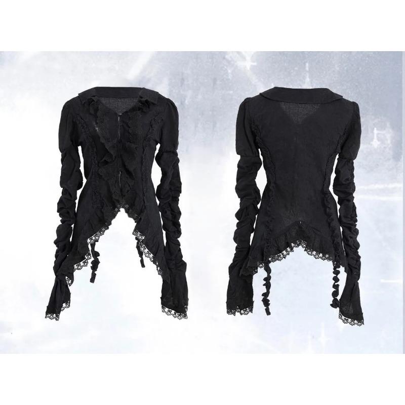 Gothic Black Lace Shirt Dark Aesthetic Irregular Blouses Yamamoto Style Grunge Flare Sleeve V-neck Shirt Vintage Y2k Emo