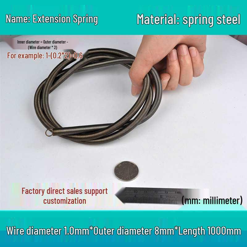 1m Spring Coil Extension with Hook - Strong Tensile Force, Thin Soft Sheath, for Tarpaulins & Sliding Doors