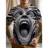 Men's Digital Printed Abstract Face T-Shirt - Black and White Swirl Eyes and Mouth Design, H Version Round Neck Short Sleeves, Casual Summer Wear
