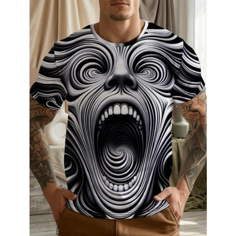 Men s Digital Printed Abstract Face T-Shirt - Black and White Swirl Eyes and Mouth Design, H Version Round Neck Short Sleeves, Casual Summer Wear S