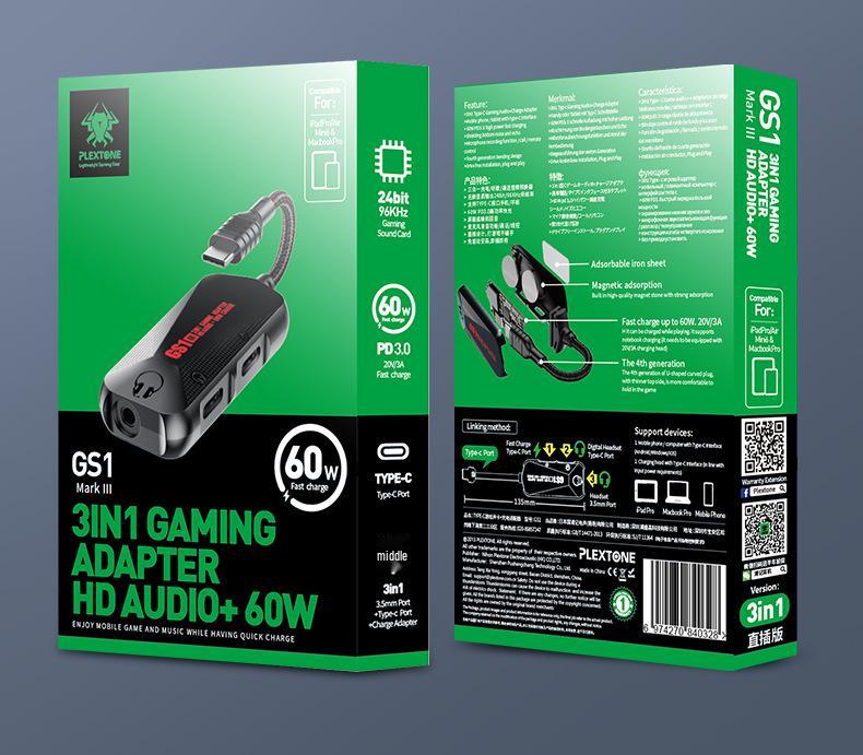 PLEXTONE GS1 3-in-1 USB-C Fast Charge 60W Gaming Sound Card