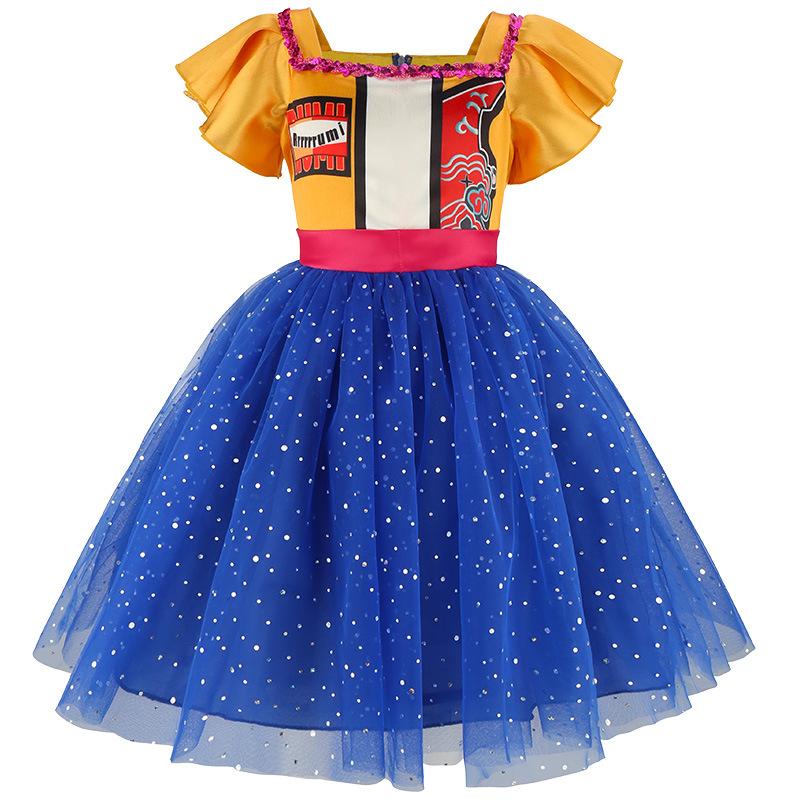 Golden Girls Geel Pofmouw Prinsessenjurk Graffiti Bodice Print Blauwe Pailletten Jurk Kinderen Koreaanse Popzanger Cosplay Kostuum 3T(110) blue