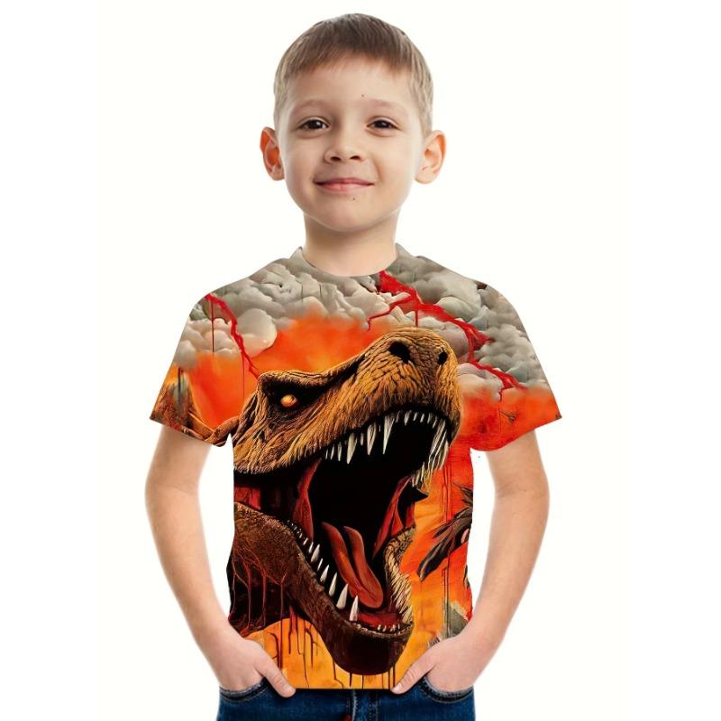 Summer Round Neck 3D Printed Dinosaur Pattern Top Fashionable Casual Short Sleeved Children's Boy T-shirts
