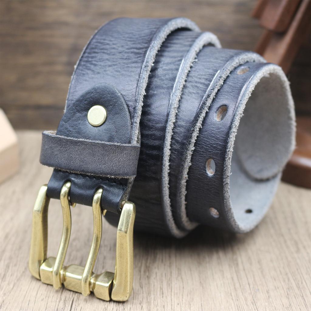 Thickened Double-needle Buckle Belt, Men's Genuine Leather Top Layer Cowhide, Retro Casual and Trendy, Versatile Youth Denim Belt