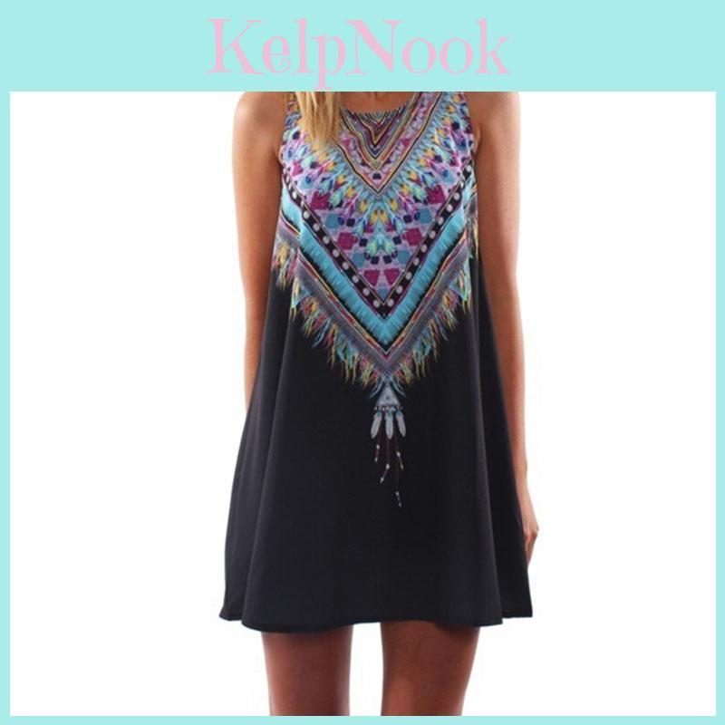 Women Loose Dresses Sleeveless Mini Dress Vintage Hippie Beachwear Boho