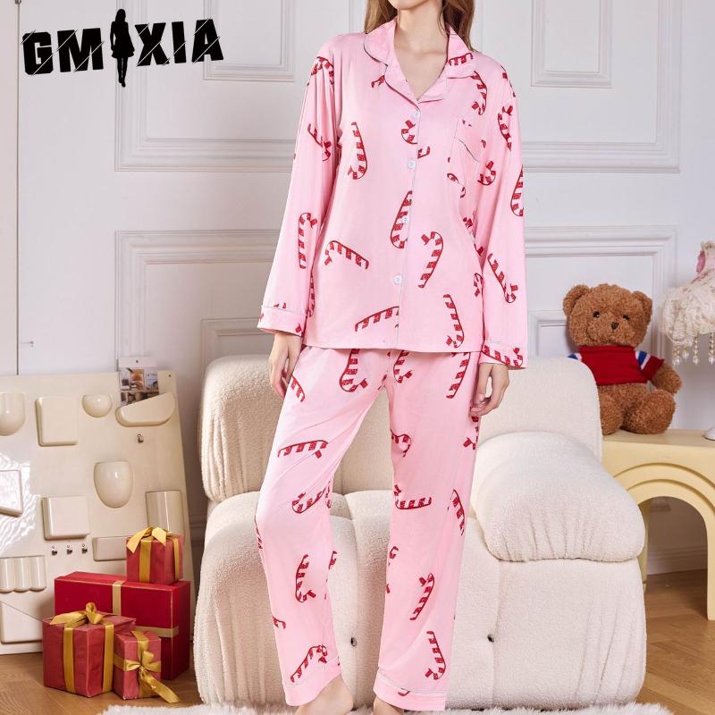 

GMXIA Женская пижама Рождество Новый год с принтом Длинный рукав Длинные брюки Кардиган Воротник ПОЛО Свободная домашняя одежда XL розовый