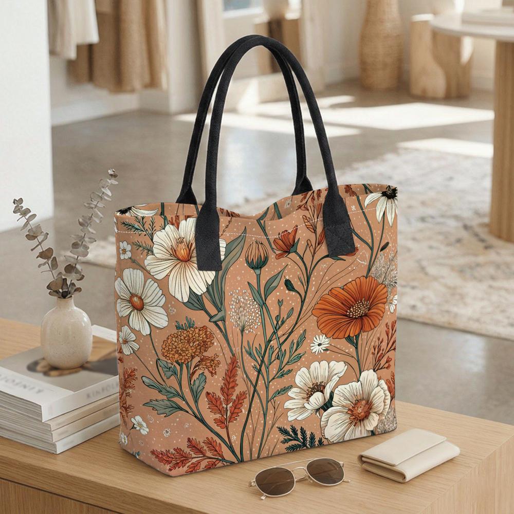  Floral Print Canvas Tote Bag Large Capacity Handbag for Daily Shopping Travel Casual Portable Women Shoulder Bag