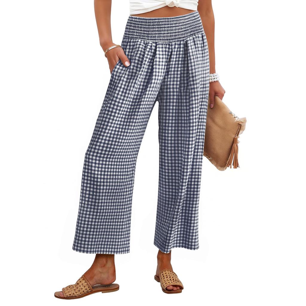 Women's Fashion Loose Pleated Elastic Waist Pocket Checkered Casual /10 Pants