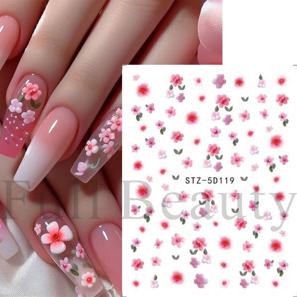 Nail Art Sticker, Relief 5D Three-Dimensional Spring Pink Cherry Blossom Small Flower Adhesive Nail Sticker