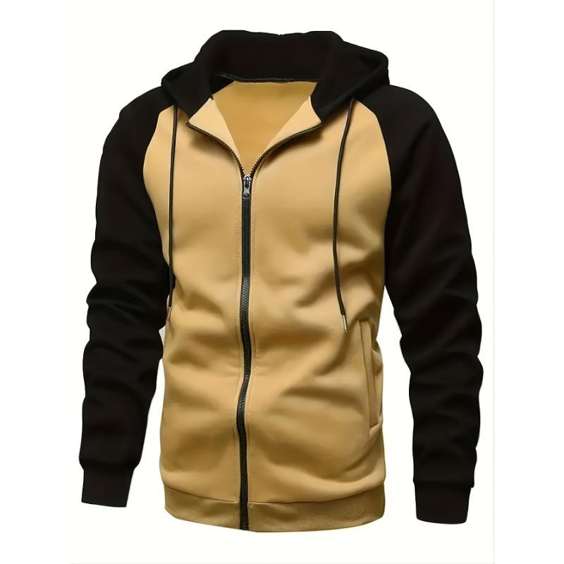 New Men's Zip-Up Color Block Hoodie with Casual Stylish & Durable Fall/Winter Top Raglan Sleeves Hoodies Sweatshirt Male