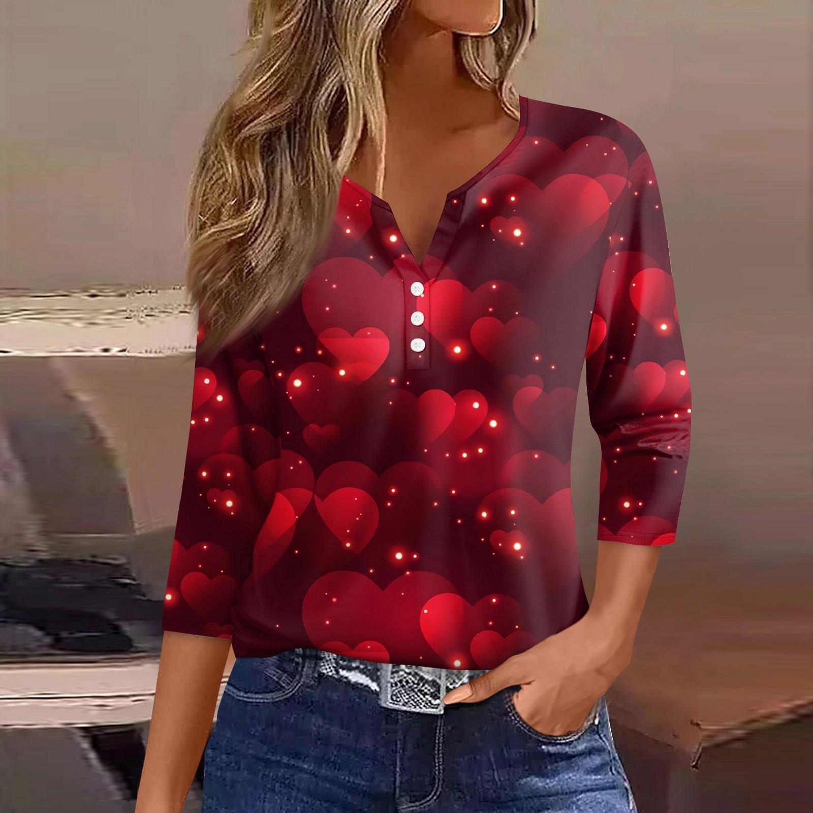 

Женская футболка с принтом ко Дню святого Валентина, на пуговицах, рукав 3/4, туника, повседневная мода на выходные, базовый топ с V-образным вырезом XL винный