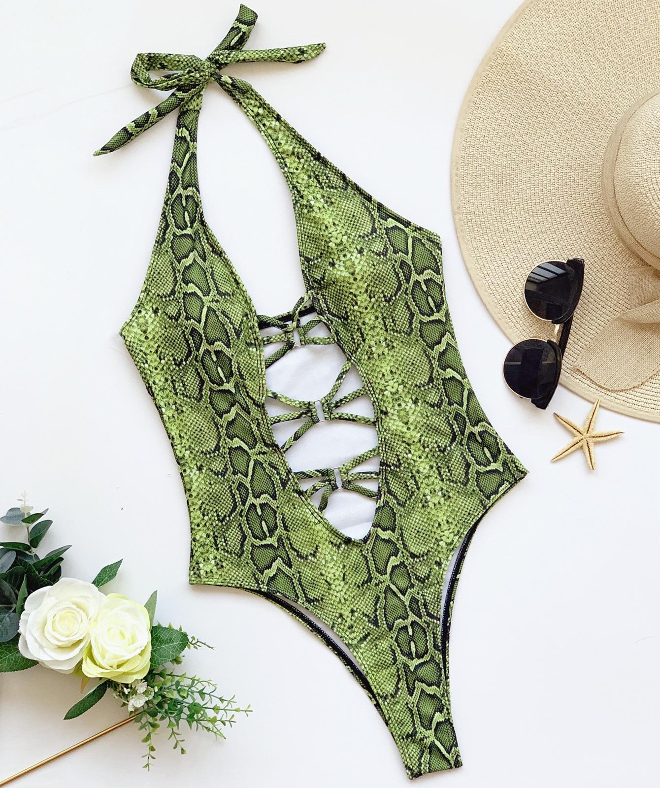 

Женский купальник со змеиным принтом, сексуальный цельный купальник с вырезом, бикини, пляжная одежда, купальные костюмы L зелёный