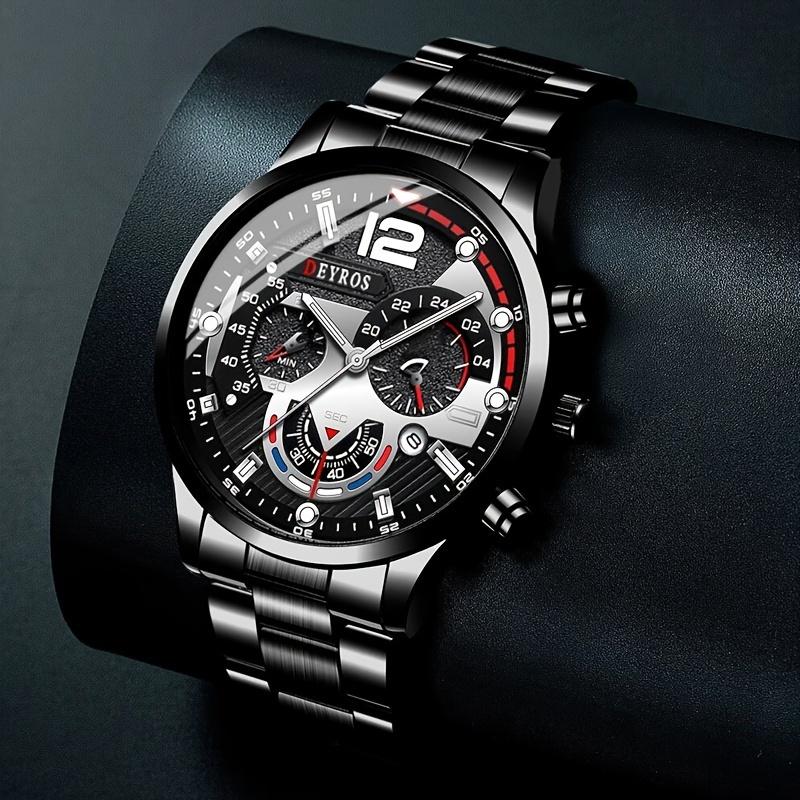 3pcs/set Men'sBusiness Alloy Stainless Steel Pointer Quartz Wrist Watch & Bracelet Necklace Set