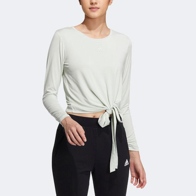 Adidas Solid Short Casual Sport Long Sleeve T-Shirt Women Tops Linen-Green HR8396