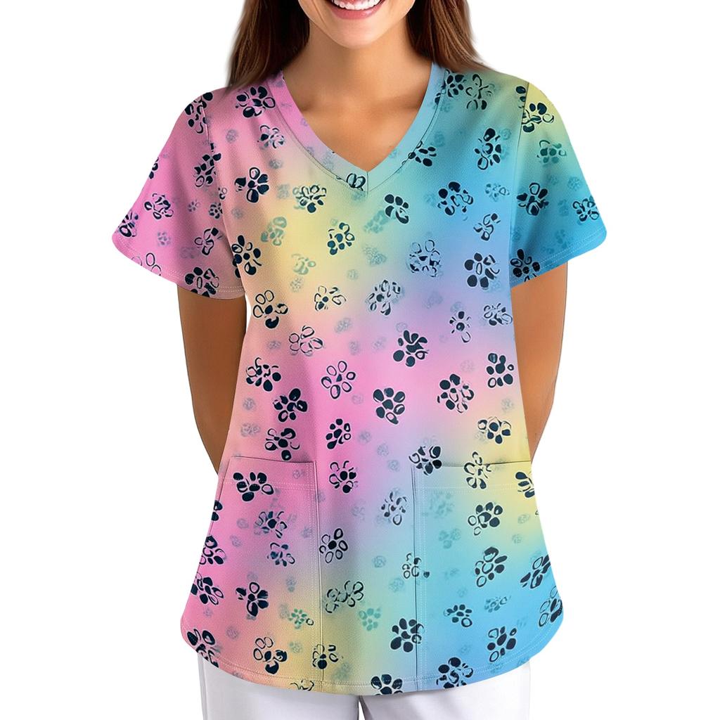 Women's Short Sleeve V Neck Vintage Floral Print Pocket Nurse Scrub Top Medical Uniform Shirt for Healthcare Professionals