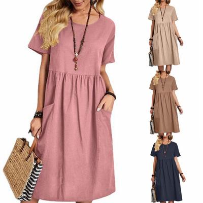 Vestido de Verão Feminino Plus Size Cor Sólida Gola Redonda Bolso Plissado Manga Curta Algodão Linho