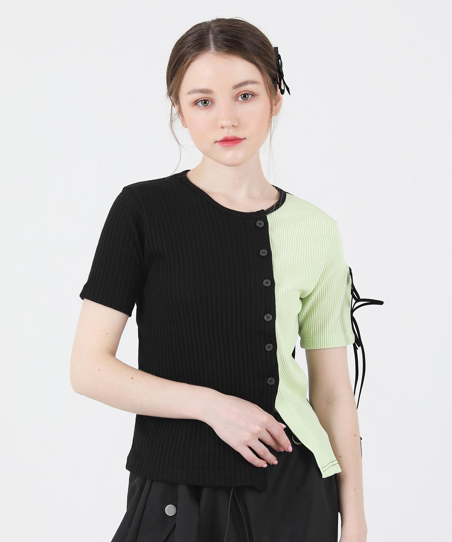 Kathrin Slit Ribbon Contrast Short Sleeve T-Shirt (Green) Green