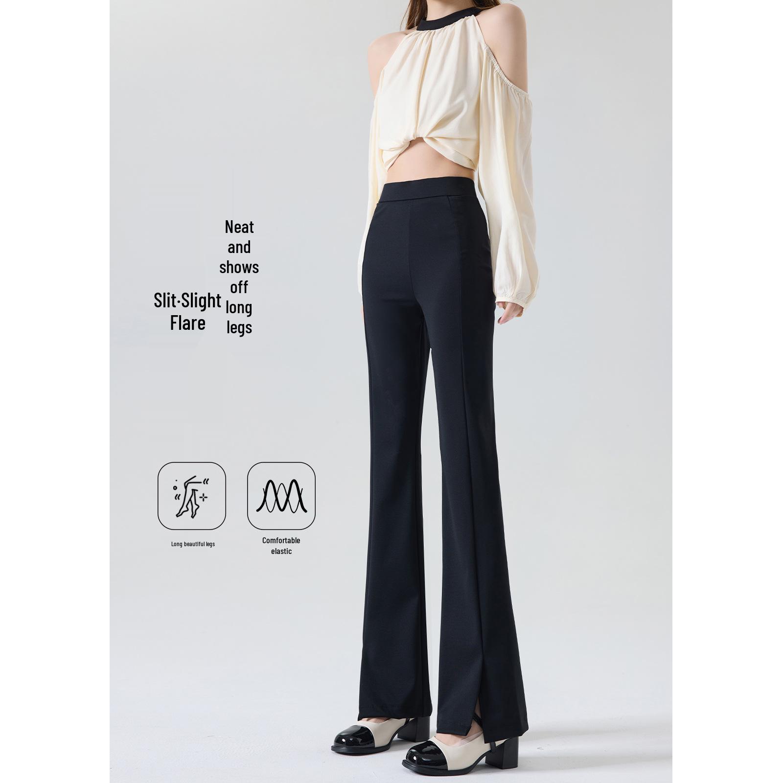 Petite Women s High-Waisted Black Trumpet Pants with Slit L 106-115 lbs