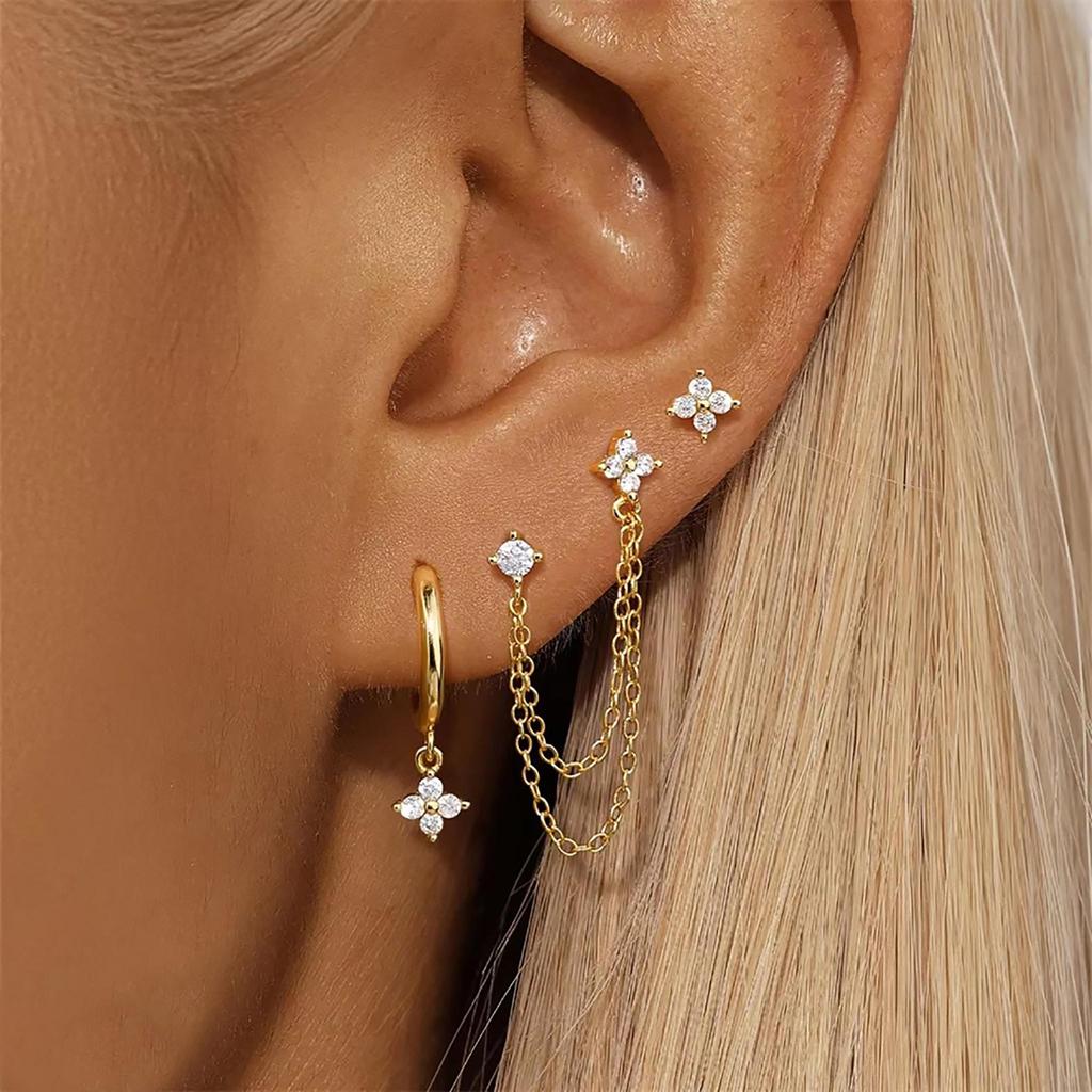 Luxury Cubic Zirconia Chain Earrings Set for Women Gold Color Multi Piercing Ear Stack Jewelry Daily Party Accessories Gift