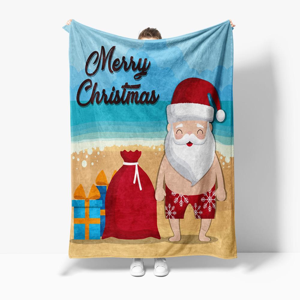 Santa Claus Beach Throw Blanket Christmas Holiday Coastal Home Decor Gift Tropical Summer Vacation Personalized Cozy Fleece Thro
