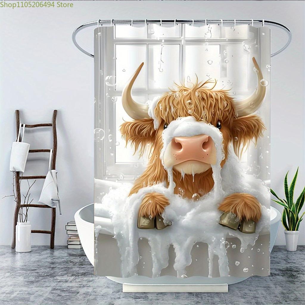 1/3/4pcs Cute Highland Cow Bathroom Set with Shower Curtain, Bath Mat & Toilet Cover - Scottish Cow Print Bath Decor, Soft Far