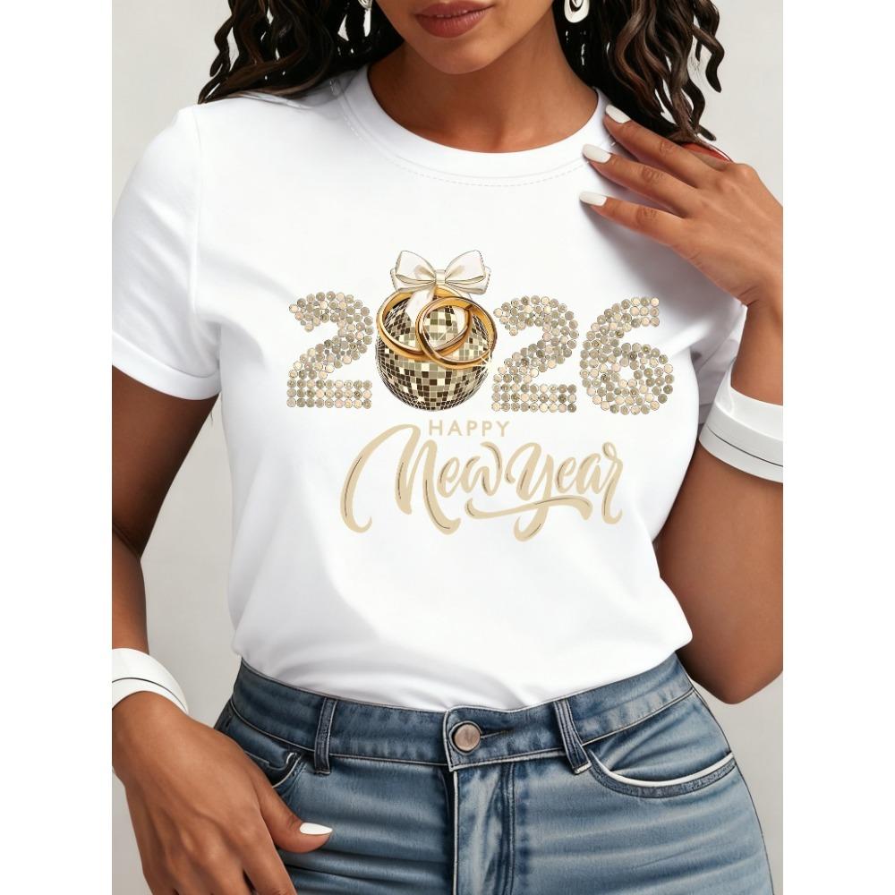 

Women Cotton Short Sleeves T-shirts Happy New Year Disco Ball Women s Tee Festive Graphic Casual Celebration Top S