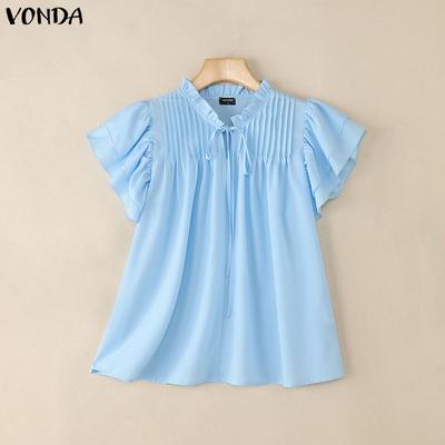 Women Summer Casual Round Neck Short Sleeve Ruffled Pleating Blouse