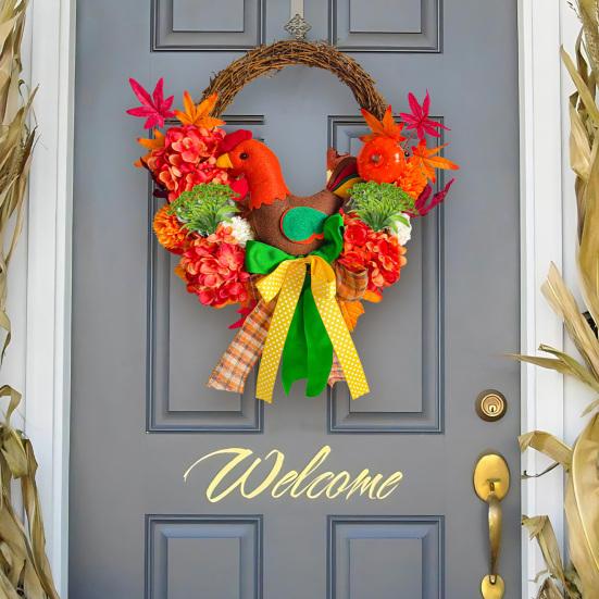 Thanksgiving Turkey Wreath for Front Door Autumn Artificial Wreath with Maple Leaves Pumpkin And Hydrangeas for Home Porch Thanksgiving Harvest Decor