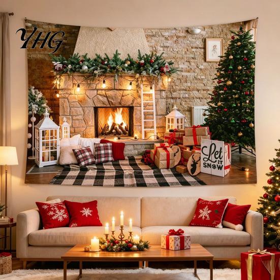 Festive Home Decor Tapestry Christmas Tapestry, Winter Snow Scene Backdrop, Xmas Tree Fireplace Decorative Fabric for Wall Hanging Bedroom Living Room