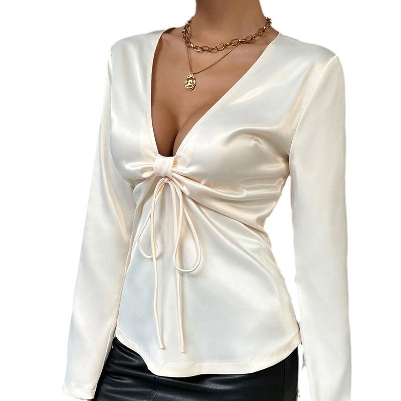 European and American sexy tops v-neck bow lace-up long-sleeved women's shirts new high-end shirts