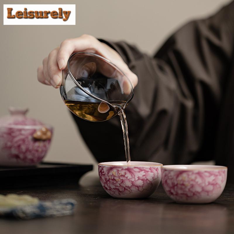 Antikes Ru-Ofen Pfingstrose Blume Tee-Set Kit Ästhetisch 1 Kanne 2 Tassen Teezubereitung Tragbar Reise-Organizer-Taschen Chinesisches Tee-Set Geschenk