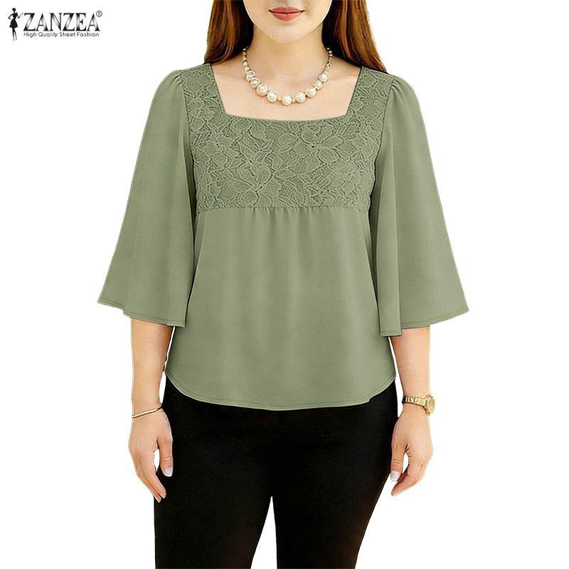 ZANZEA Women Lace Patchwork Square Collar 3/4 Sleeve Elegant Blouse